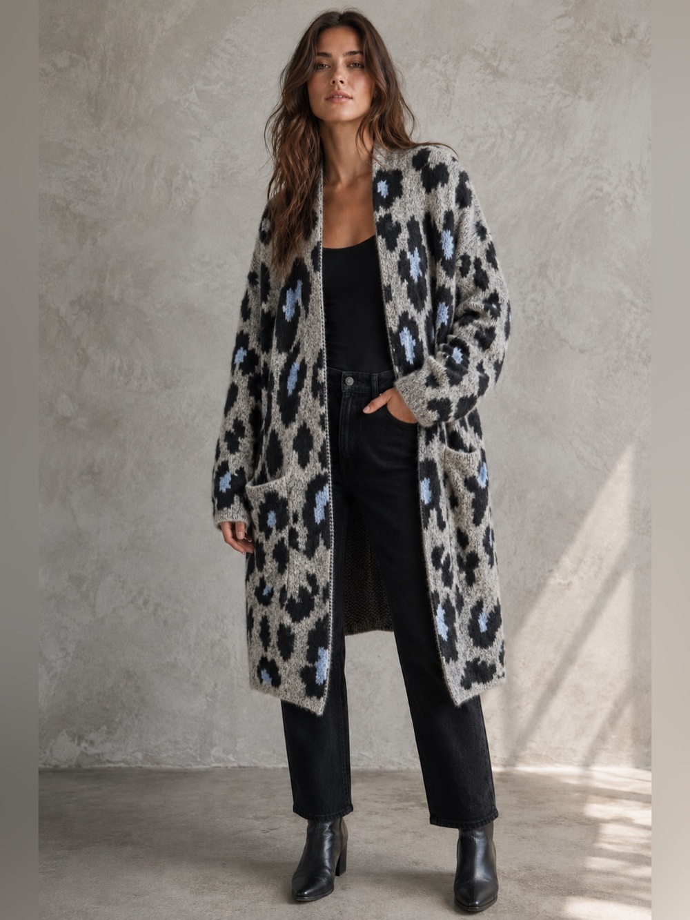 Long Leopard Print Open Cardigan Jacket - Gray & Blue